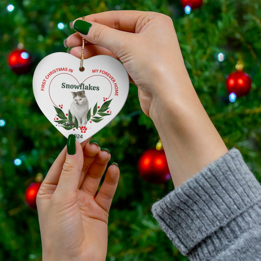 Personalized Ceramic Heart Shaped Ornament - Pet's First Christmas